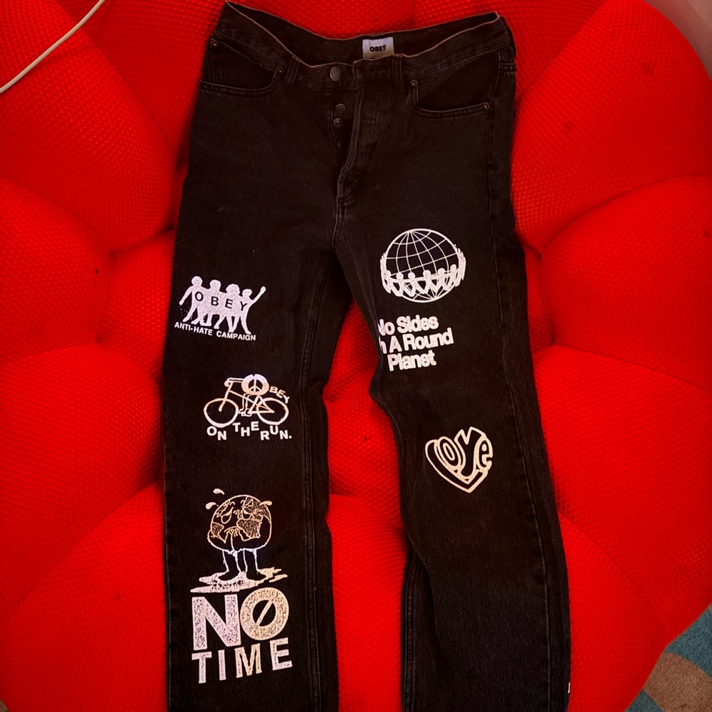 Obey Black Jeans with White Graphics